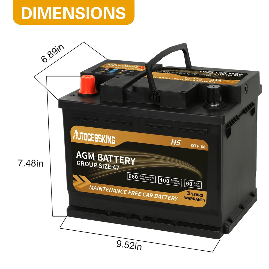 Batterie AGM Autocessking Platinum, batteries rechargeables automobiles groupe 47 pour voiture, 12V H5 680CCA 60Ah 100RC