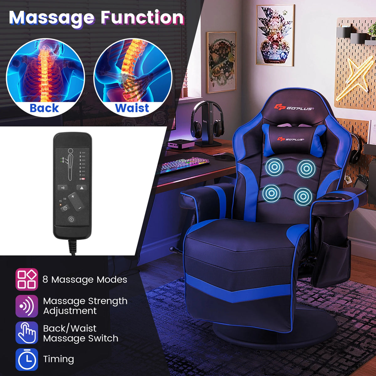 Fauteuil gaming inclinable Goplus avec massage, réglable en hauteur, pivotant, style racing, avec porte-gobelet, rouge