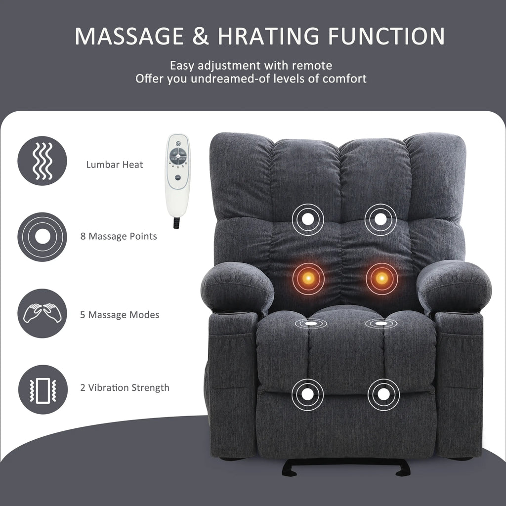 Fauteuil inclinable manuel JONPONY avec fonction de massage et de chauffage, mécanisme d’inclinaison robuste, fauteuil à bascule individuel pour personnes âgées avec porte-gobelets, pour chambre et salle de cinéma maison, gris