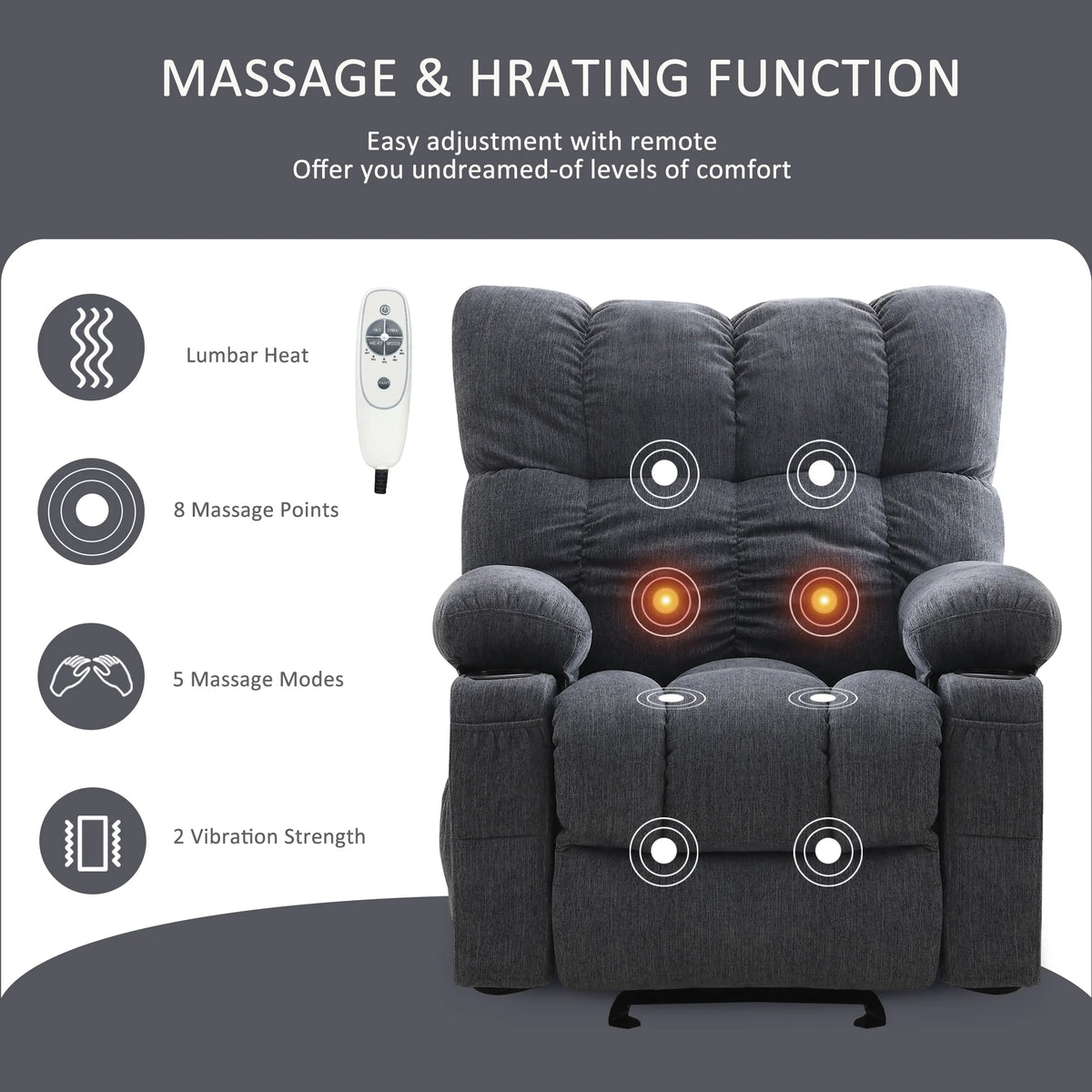 Fauteuil inclinable manuel JONPONY avec fonction de massage et de chauffage, mécanisme d’inclinaison robuste, fauteuil à bascule individuel pour personnes âgées avec porte-gobelets, pour chambre et salle de cinéma maison, gris