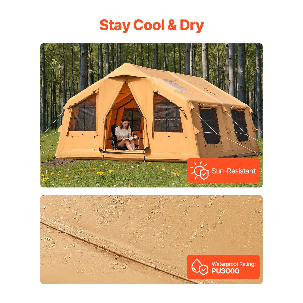Tente gonflable KFFKFF pour le camping, 15,75 x 11,81 x 7,22 pi, tente gonflable de glamping pour 8 à 12 personnes, abri de camping gonflable, tente de vie en plein air avec deux puits de lumière et une sortie de cheminée