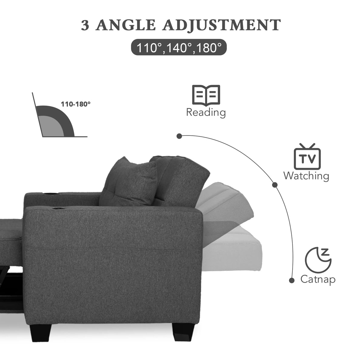DURASPACE Fauteuil convertible 3 en 1 avec lit et port USB, Fauteuil d’intérieur avec méridienne, Gris foncé