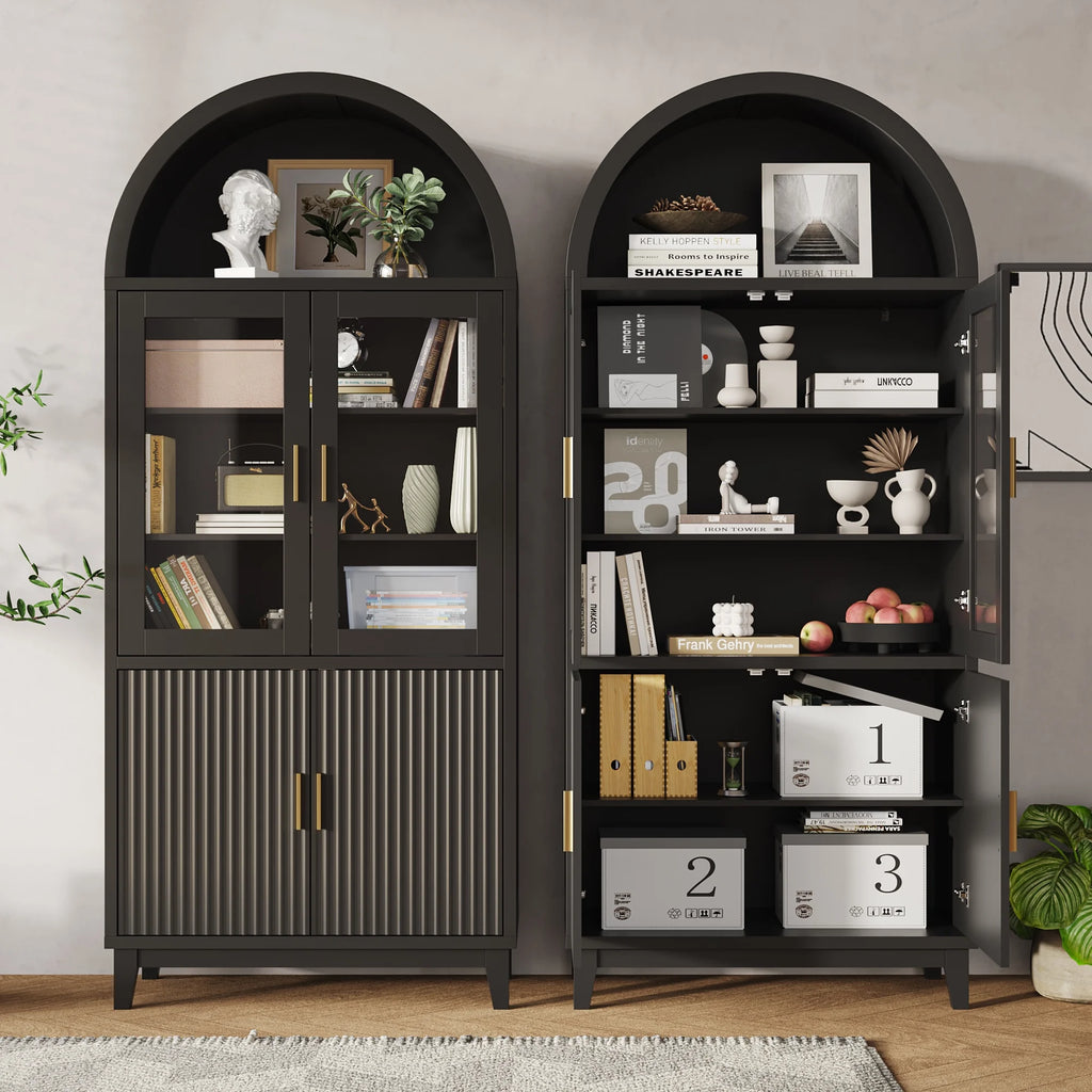 VEANERWOOD 71 Armoire haute cintrée, meuble de rangement de cuisine en bois cannelé avec 4 portes et 6 étagères pour salle à manger et salon