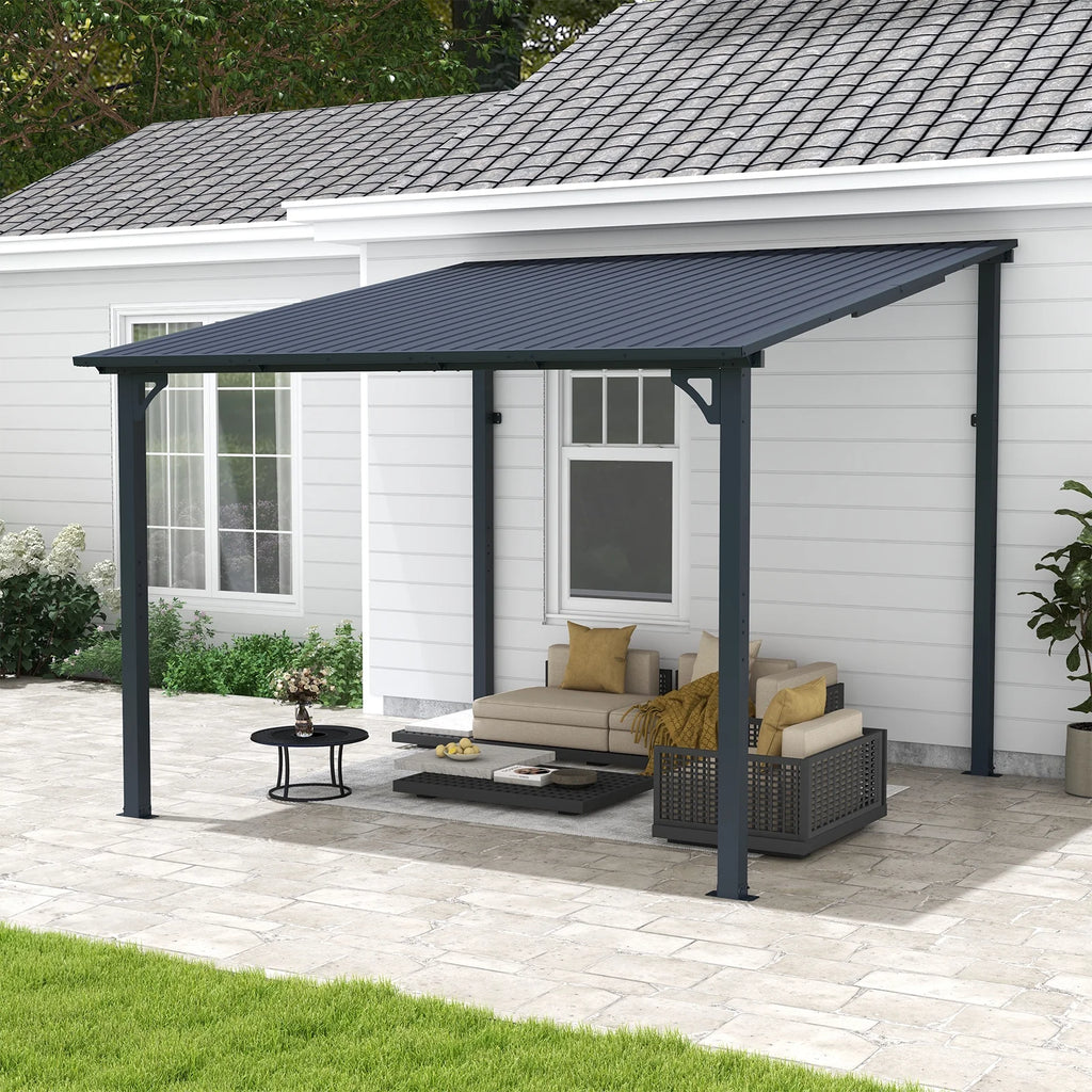 Tonnelle Pergola d'Extérieur 8' x 10', Tonnelles à Auvent Adossé, Pergola en Métal Robuste à Toit Rigide, pour Patio, Jardin, Terrasses, Bord de Piscine