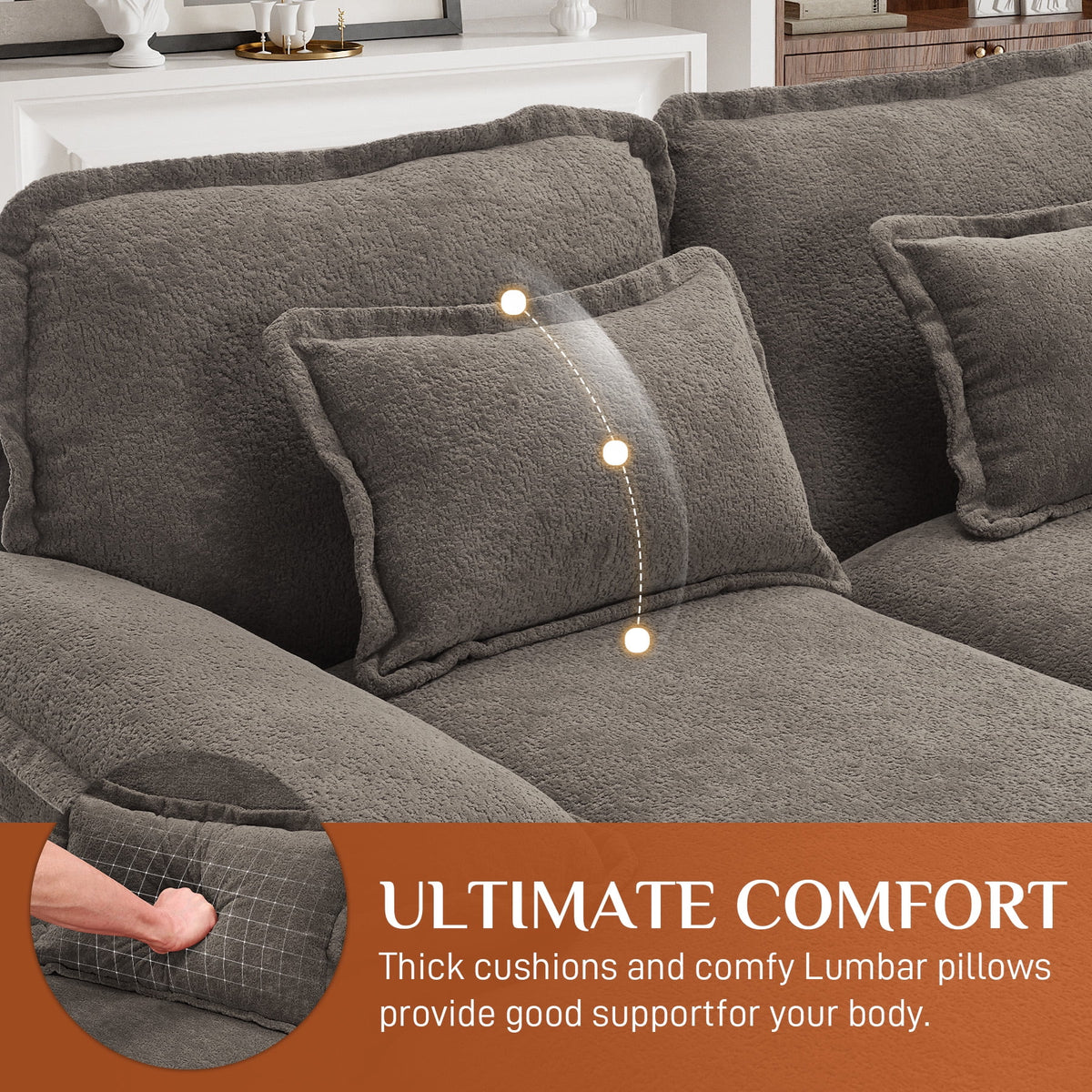 Canapé modulable en U Wiilayok Cloud Couch, méridienne double extra profonde de 124 cm en chenille duveteuse, console centrale avec ports USB-C et A doubles, gris tempête