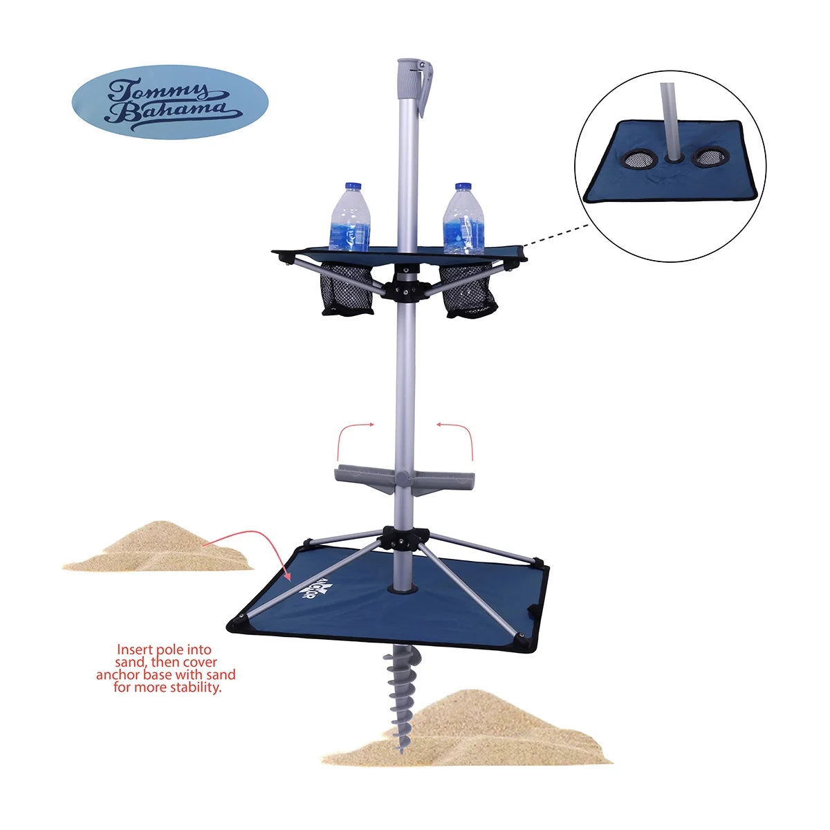 Parasol de plage Tommy Bahama en fibre de verre de 7 pi pour sable avec pied pliant à ancrage, table intégrée, mât télescopique en aluminium, FPF 50+, inclinable