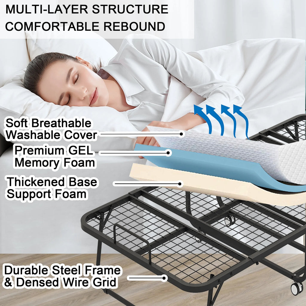Lit pliant avec matelas 75 x 31 format lit de camp Lit plié, lit d'appoint sur roulettes portable et pliable lit supplémentaire pour adultes lit de repos avec matelas en mousse à mémoire de forme 5 cadre en grille métallique robuste peu encombrant