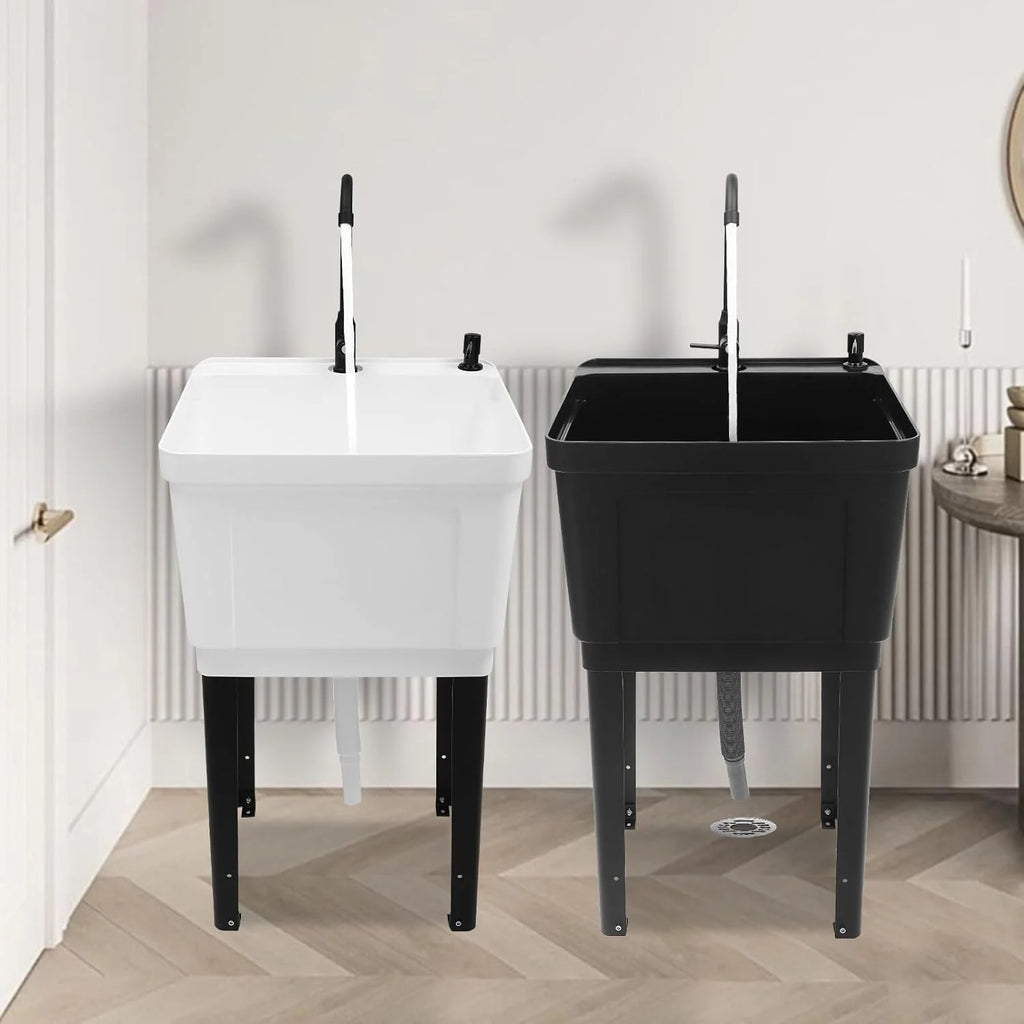 Évier utilitaire sur pied, cuve de buanderie extra-profonde, évier utilitaire en plastique sur pied pour sous-sol, buanderie, garage ou atelier (Blanc)