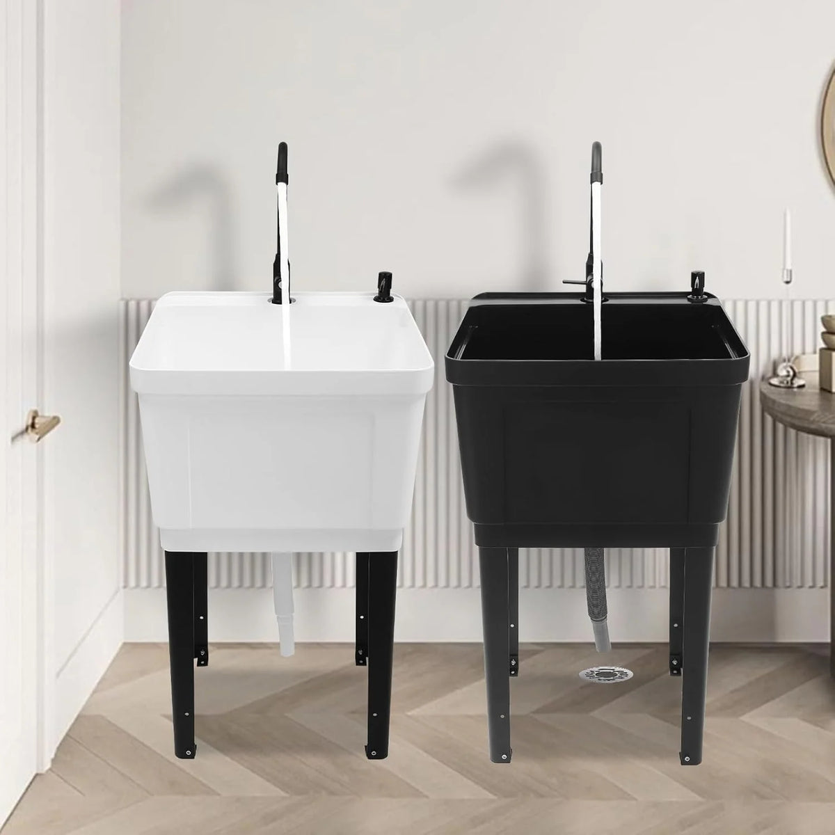 Évier utilitaire sur pied, cuve de buanderie extra-profonde, évier utilitaire en plastique sur pied pour sous-sol, buanderie, garage ou atelier (Blanc)
