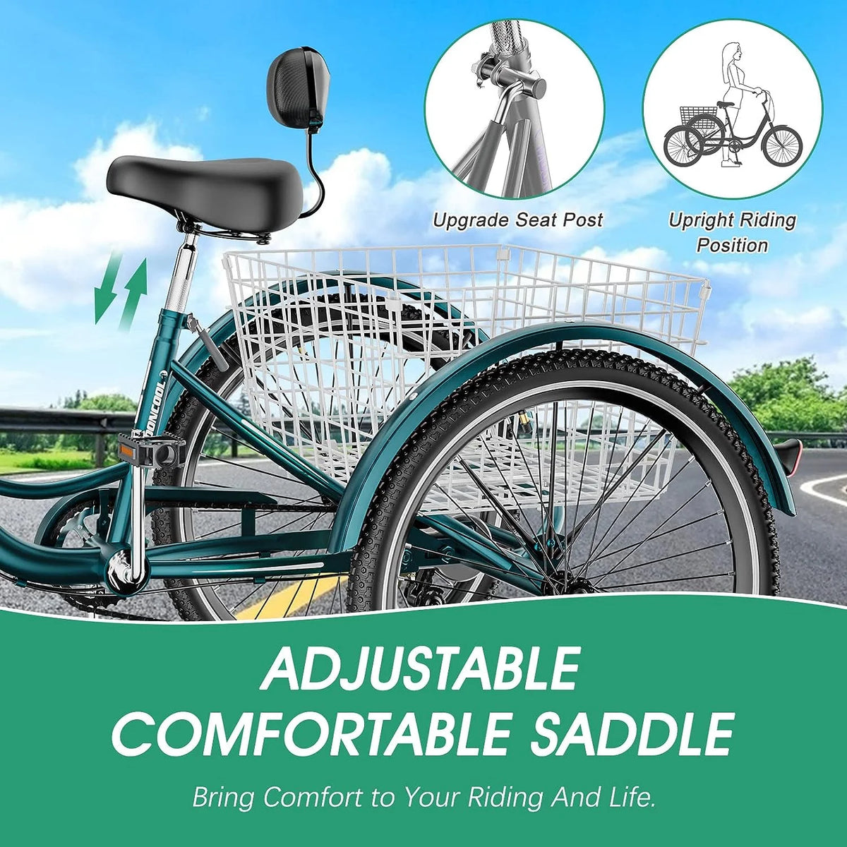 Tricycles pour adultes MOONCOOL avec panier arrière et pompe à pied, vélos à 3 roues 7 vitesses de 24 et 26 pouces, vélo à trois roues pour adultes avec dossier pour seniors, femmes et hommes