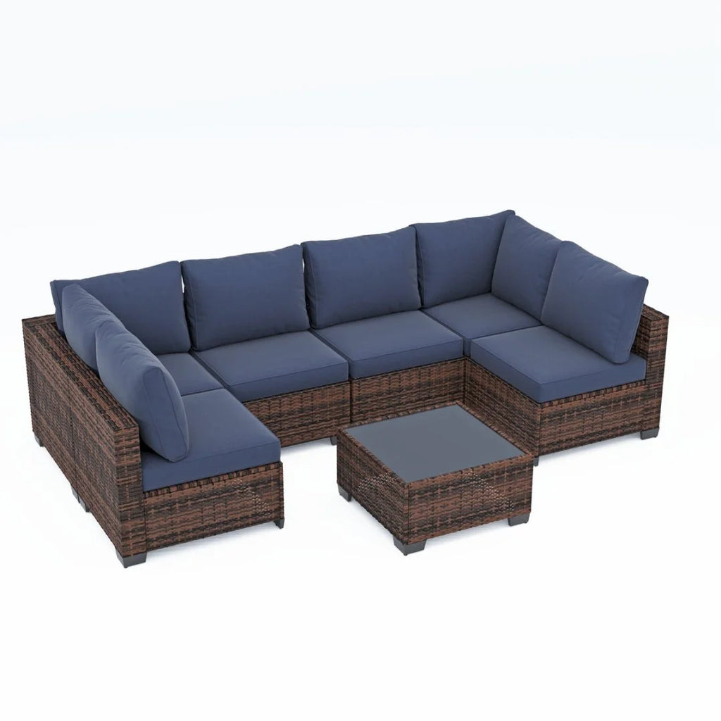 Salon de jardin Ainfox 7 pièces en promotion, canapé en rotin gris avec coussins gris