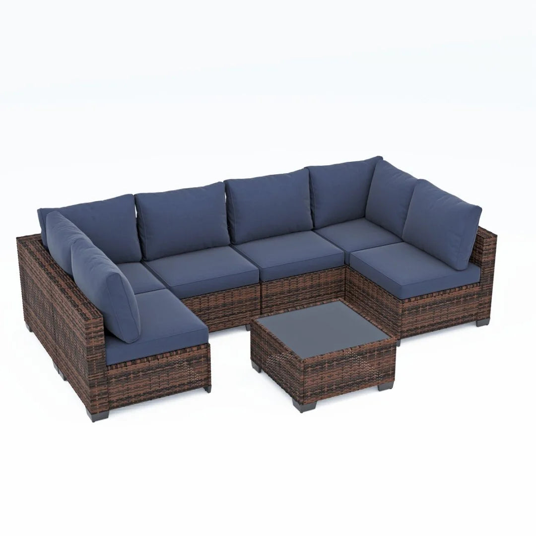 Salon de jardin Ainfox 7 pièces en promotion, canapé en rotin gris avec coussins gris