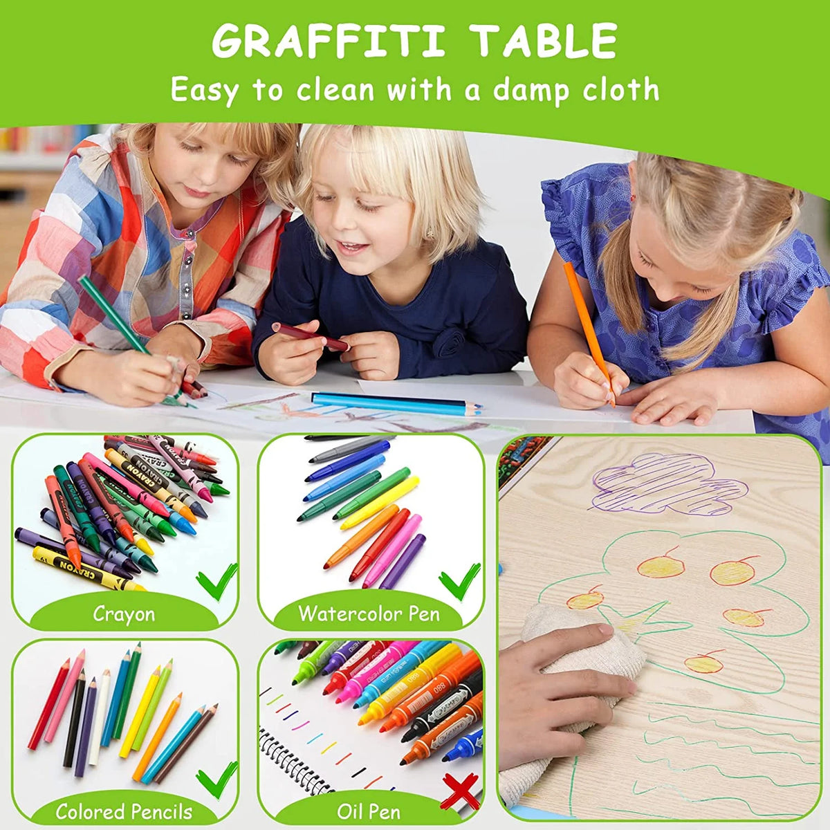 Ensemble table et 4 chaises pour enfants LAZY BUDDY, bureau réglable en hauteur pour tout-petits avec plateau graffiti, ensemble de table d’activités pour enfants pour crèche et maison