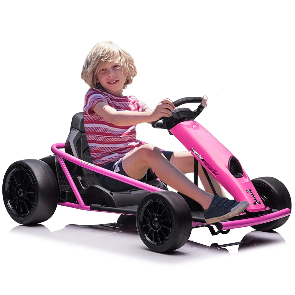 Kart Simzone pour enfants, batterie 24 V, 2 moteurs de 300 W, pédalage au pied, vitesse de 8 mi/h, voiture de dérapage à grande vitesse avec démarrage progressif, musique, pneus robustes et résistants, bleu