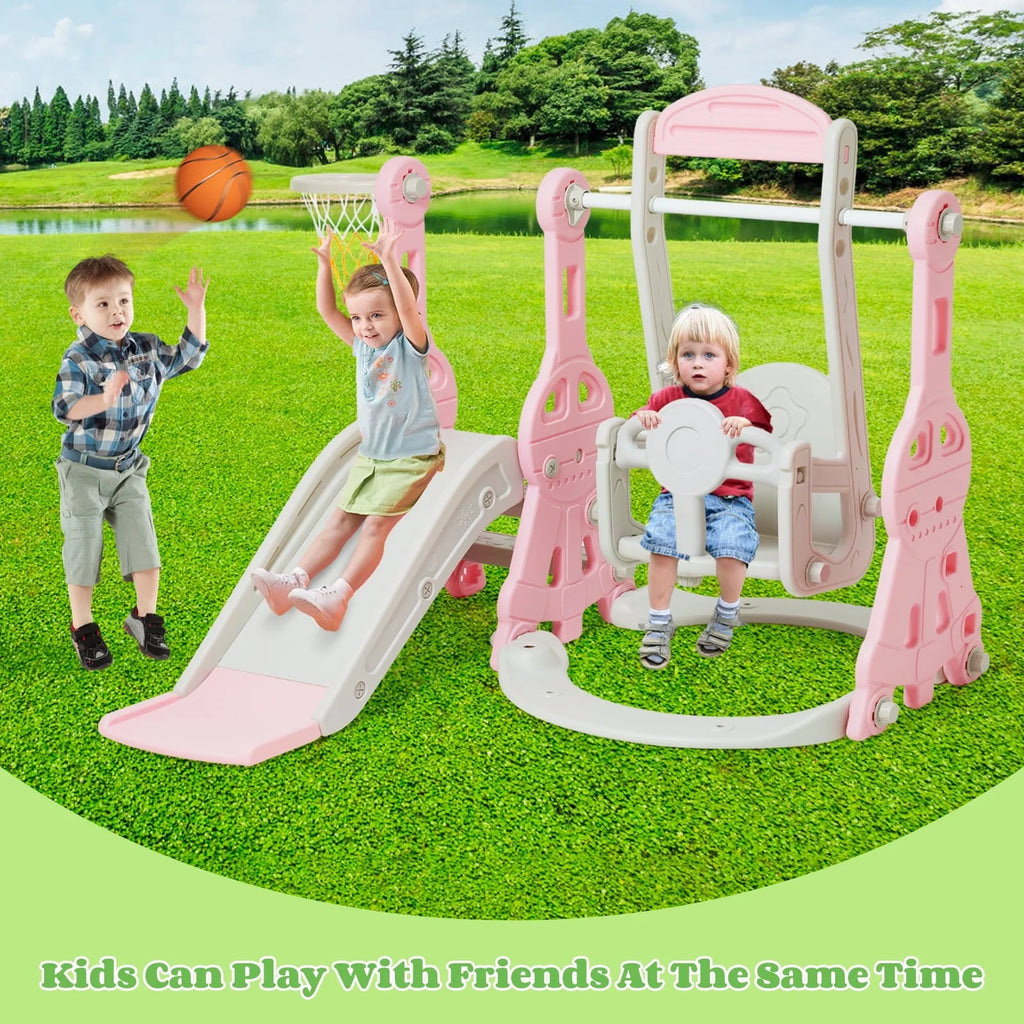 Ealing   Ensemble toboggan et balançoire 4 en 1 pour tout-petit   Structure de jeu avec toboggan d'intérieur et d'extérieur pour bébé   avec panier de basket-ball & Toboggan balançoire de jardin pour garçons et filles Longueur du toboggan : 11,02' L Rose