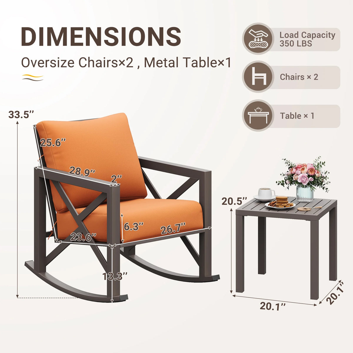 Ensemble de bistrot MRUAKA avec chaises à bascule, ensemble de mobilier de patio extérieur 3 pièces avec 2 chaises à bascule et 1 table basse en métal avec coussins épais pour porche, cour arrière, bord de piscine, beige