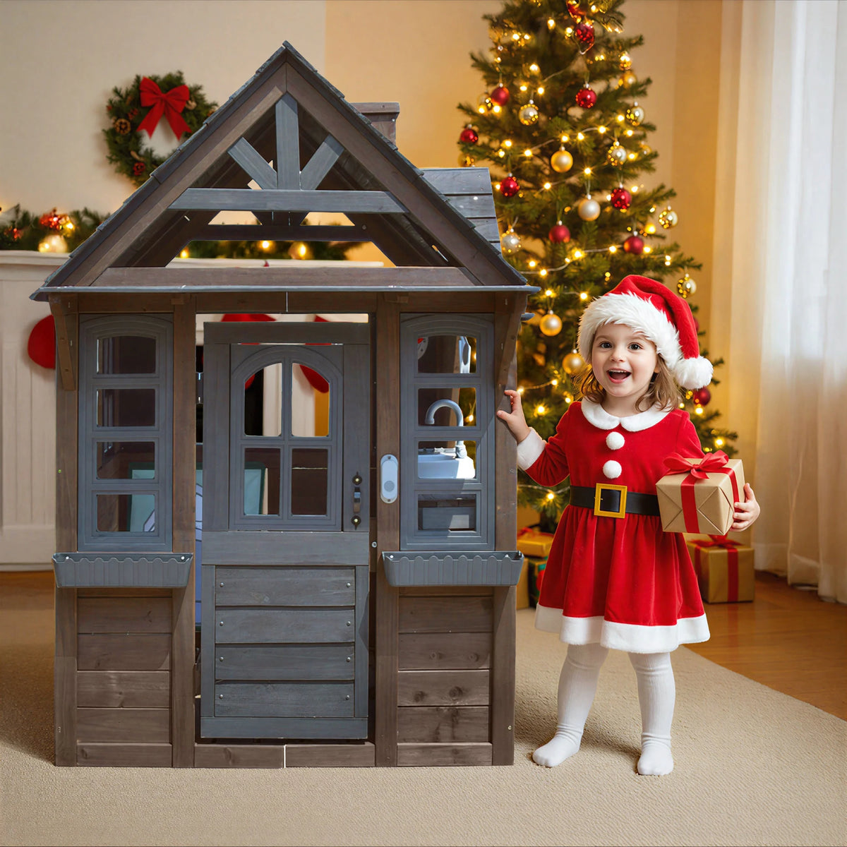 COCLUB Maison de jeu d’extérieur pour enfants de 4 à 8 ans, maison en bois avec sonnette, téléphone et jouets de cuisine, équipement de jeu extérieur pour enfants, maison pour filles (45L x 65H), blanc et noir