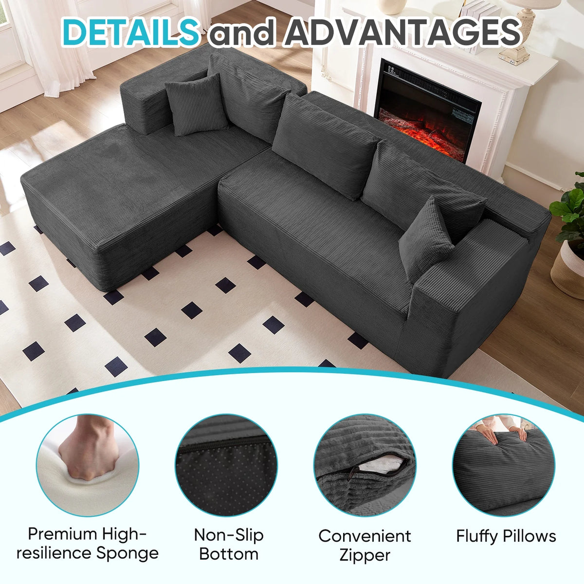 Canapé d’angle ZAFLY 106 Cloud avec méridienne, sans assemblage, canapé-lit en L, canapé modulable surdimensionné à assise profonde pour salon – droite, noir