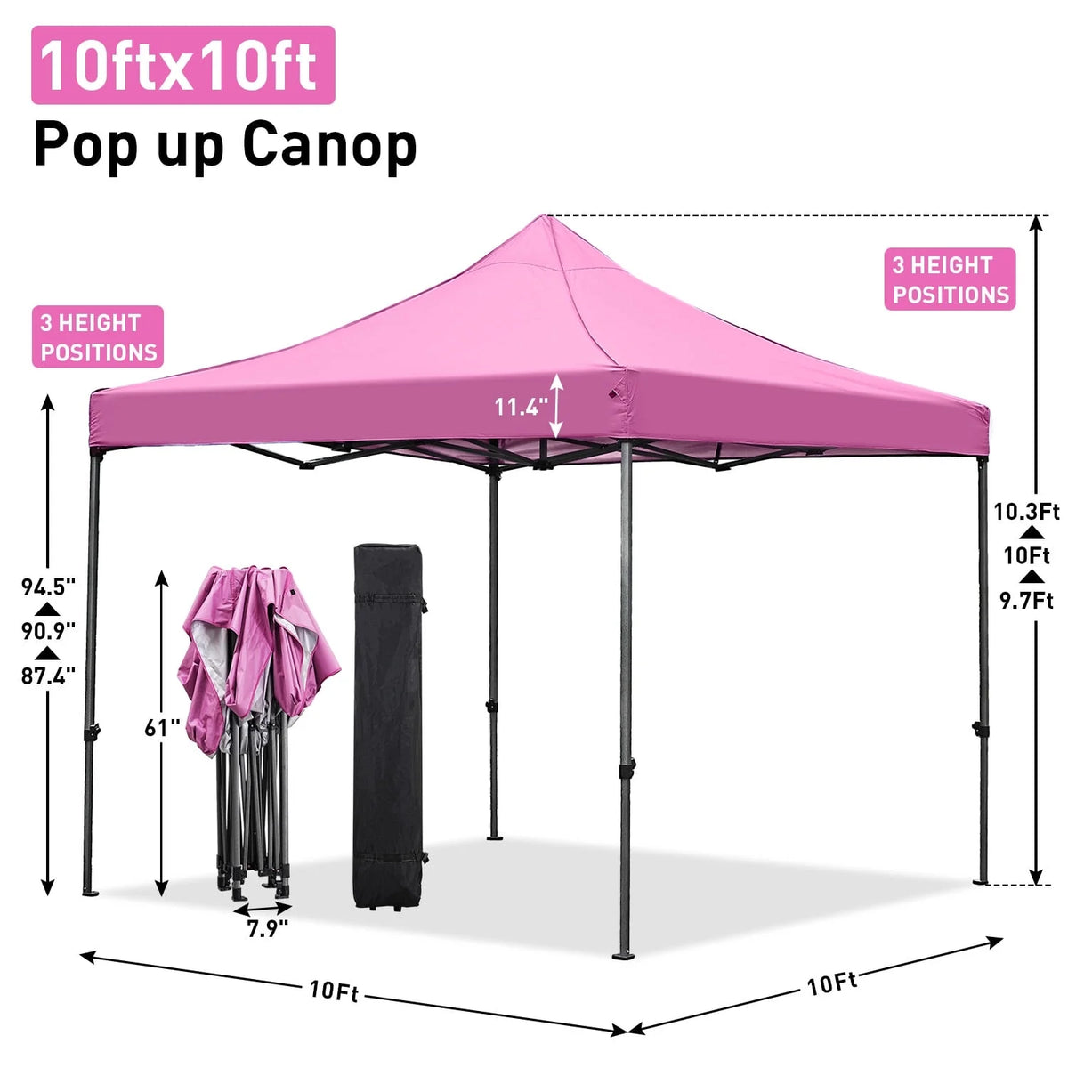 Ainfox Tente de réception pop-up robuste 10' x 10', Gazebo pliant instantané d'extérieur, Tente d'ombrage, Rose
