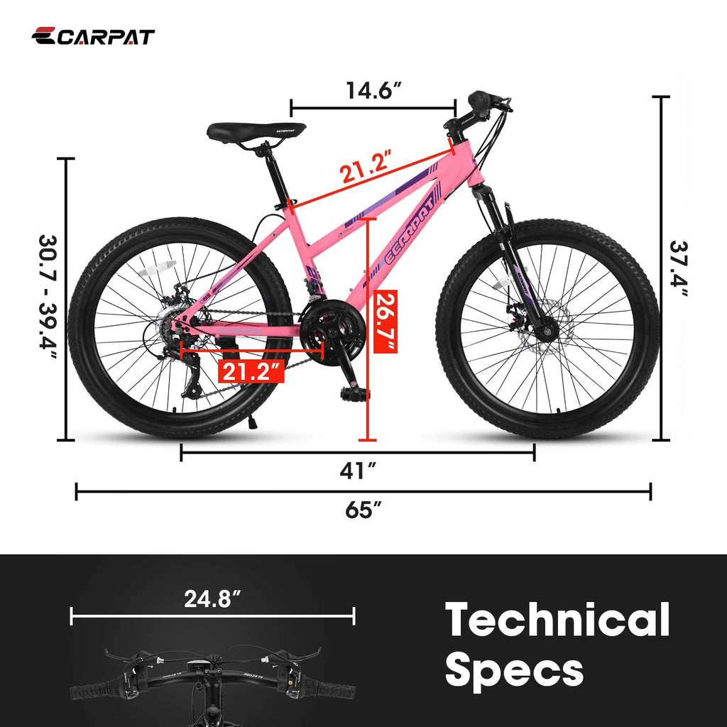 Vélo tout-terrain Ecarpat 26 pouces pour adultes et femmes, freins à disque doubles Shimano, 21 vitesses, suspension intégrale, pour trajets quotidiens et sport en plein air, plusieurs coloris