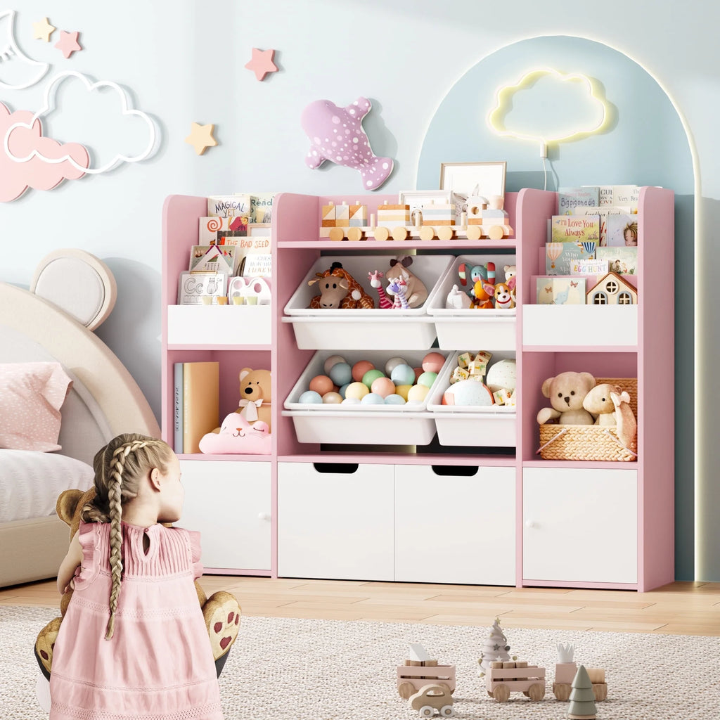 Hiphuta Bibliothèque et Meuble de Rangement pour Jouets pour Enfants, Organisateur en Bois avec 4 Paniers et 2 Tiroirs Amovibles pour la Maison et la Chambre, Étagère à Livres pour Enfants avec Bac à Jouets et Support à Livres, Blanc