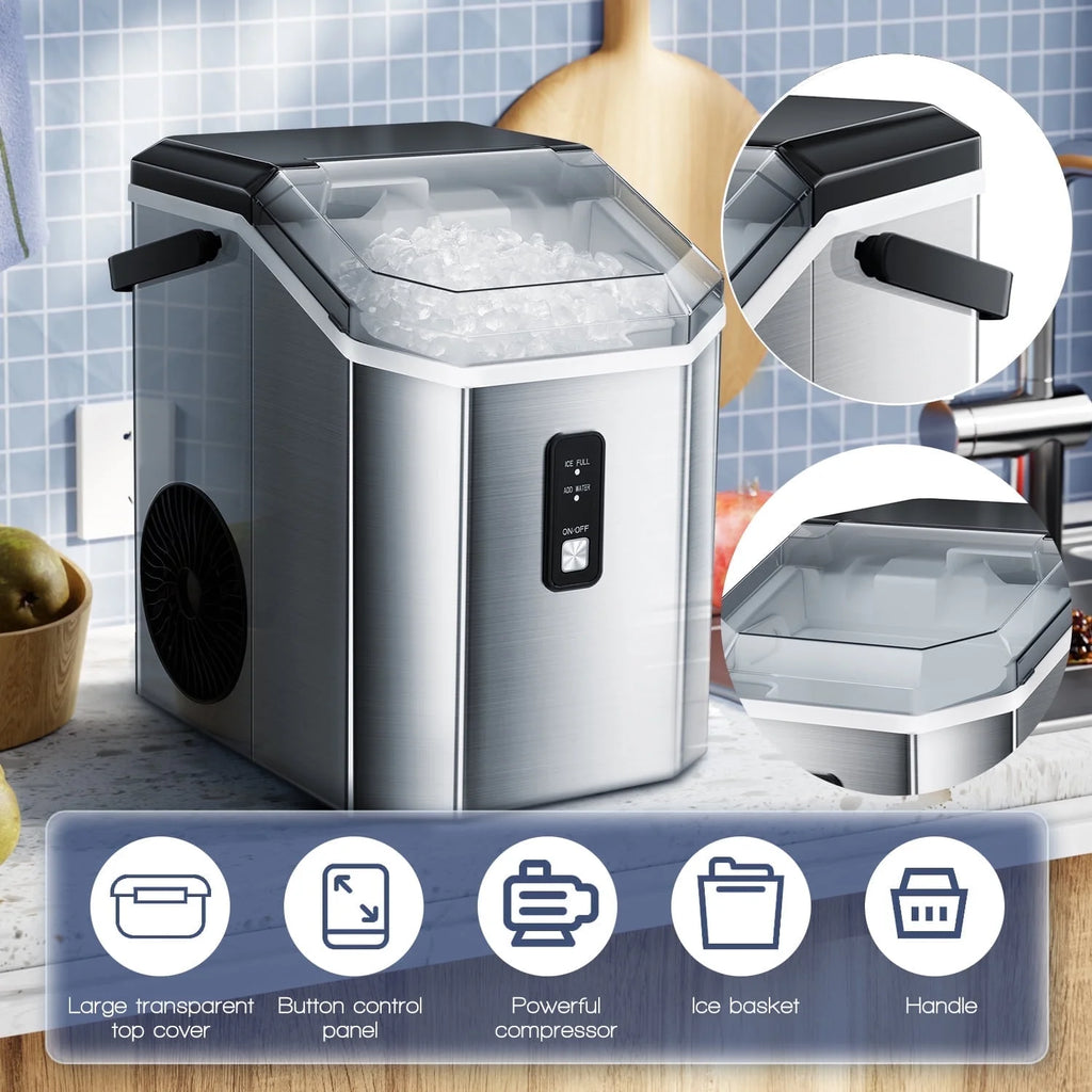 Machine à glaçons Auseo SS Nugget de comptoir avec glaçons tendres à mâcher, 35 lbs/24 h, autonettoyante, pelle à glaçons, acier inoxydable argenté, pour cuisine/bureau/fête