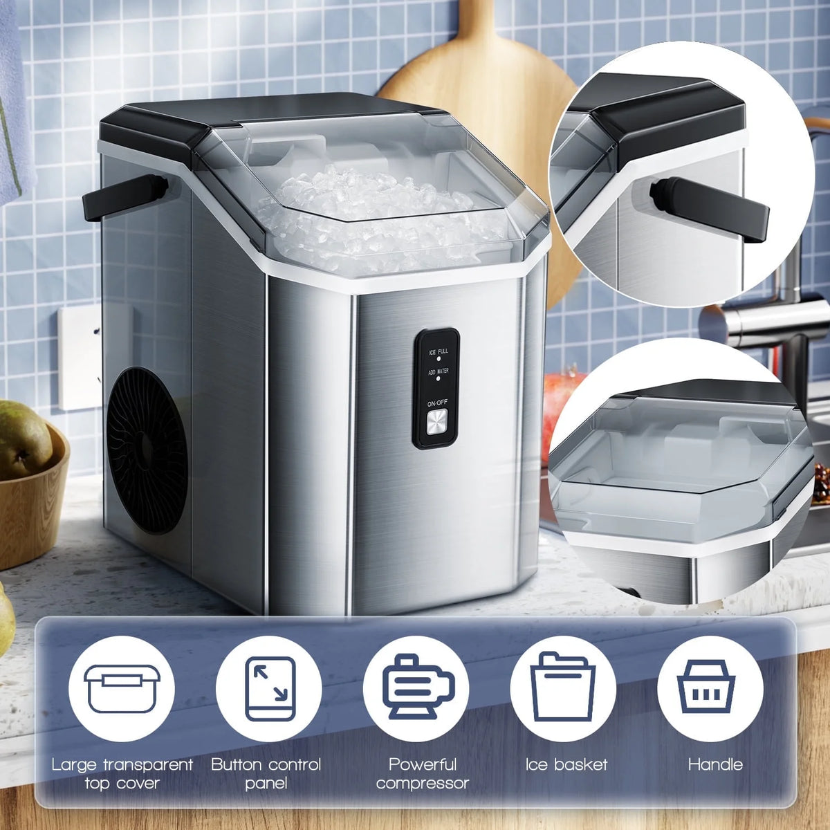 Machine à glaçons Auseo SS Nugget de comptoir avec glaçons tendres à mâcher, 35 lbs/24 h, autonettoyante, pelle à glaçons, acier inoxydable argenté, pour cuisine/bureau/fête