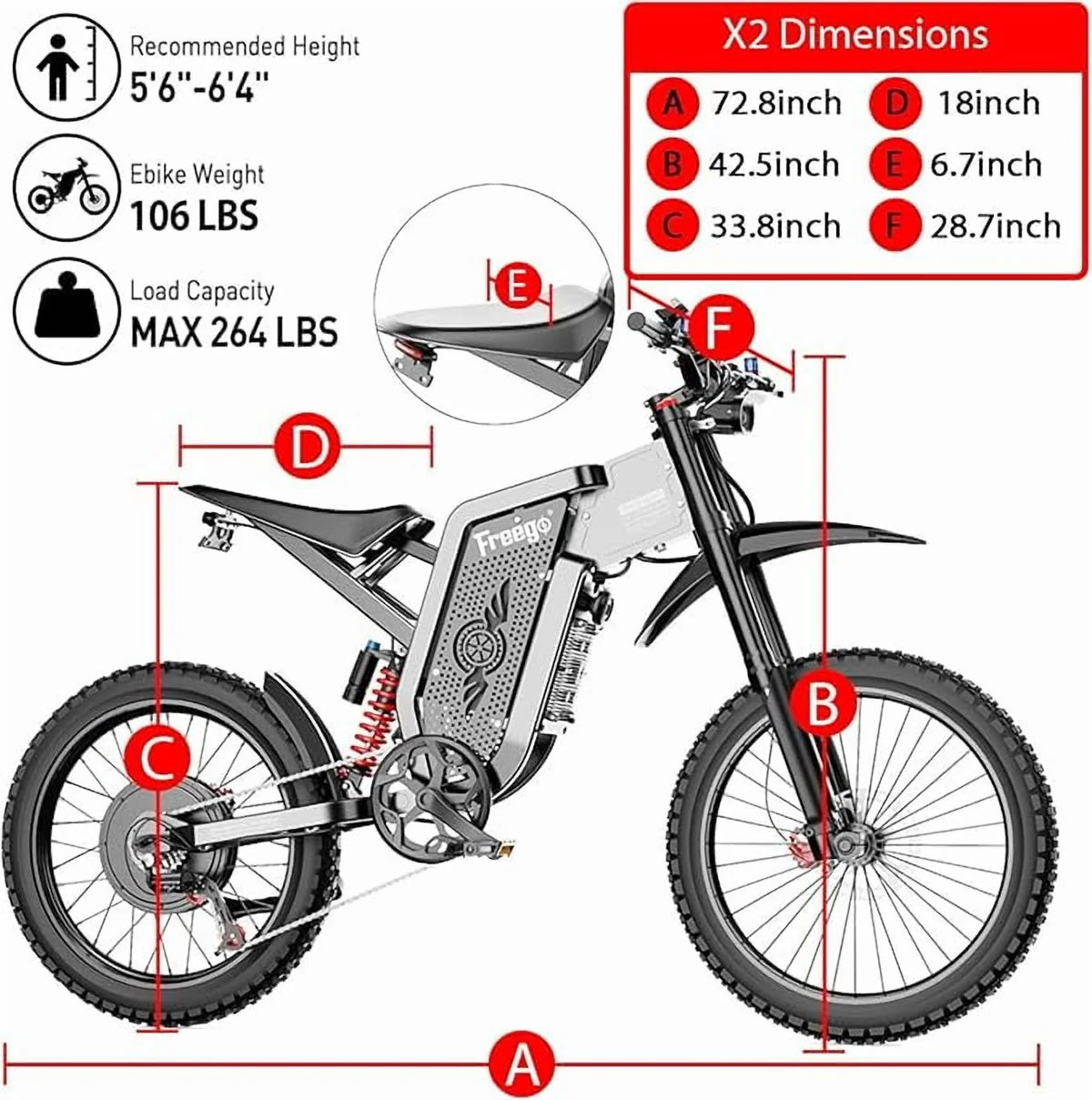 Moteur 6000W(Crête) Batterie 60V/35Ah, Moto électrique Freego X2Pro pour adultes, Vélo électrique  50MPH/7 Vitesses Vélo électrique tout-terrain, Suspension intégrale 19x2/Frein hydraulique à quatre pistons UL2849MTB