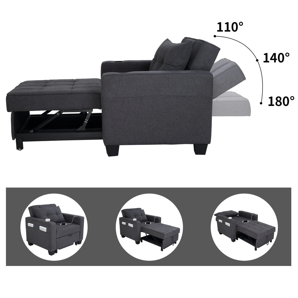 DURASPACE Fauteuil convertible 3 en 1 avec lit et port USB, Fauteuil d’intérieur avec méridienne, Gris foncé