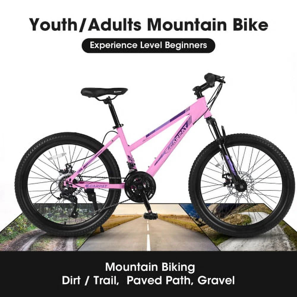 POWANLI 26 Vélo tout-terrain pour femme, Vélo de montagne 21 vitesses avec freins à disque doubles et suspension avant de 100 mm, Rose (Cadeau)