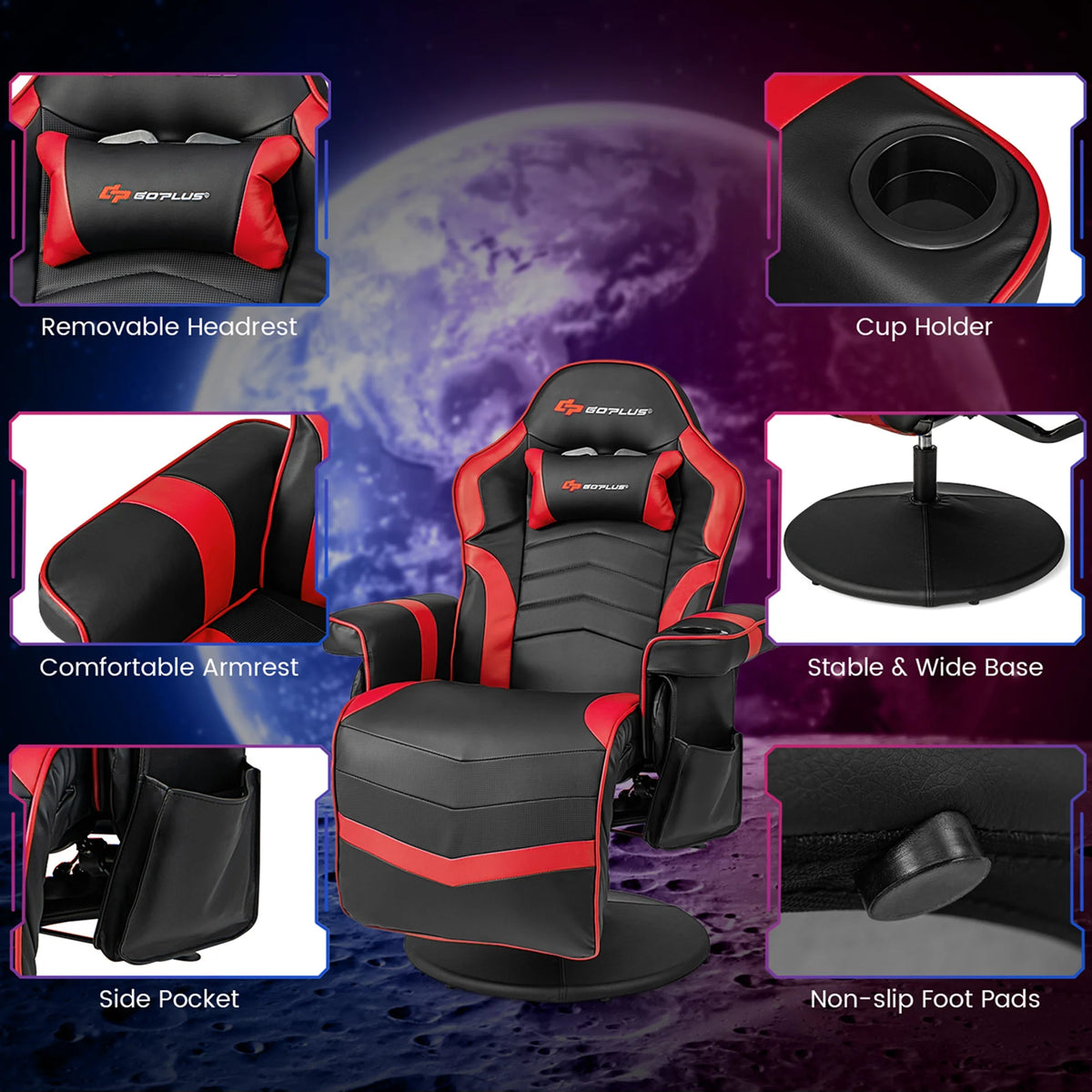 Fauteuil gaming inclinable Goplus avec massage, réglable en hauteur, pivotant, style racing, avec porte-gobelet, rouge