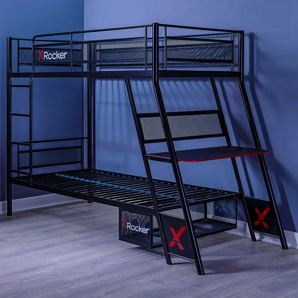 Lit superposé gaming X Rocker Armada Twin avec bureau gaming intégré, noir, Twin/Twin, Enfants, Adolescents