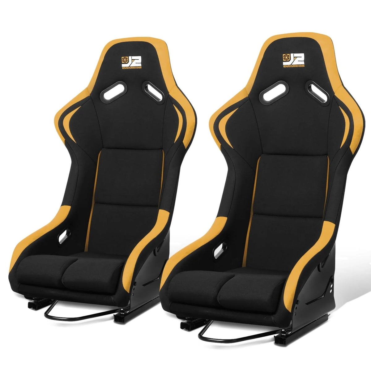 Paire de sièges baquets de course universels J2 Engineering, noirs et jaunes, en fibre de verre, design ergonomique avec supports de montage latéraux