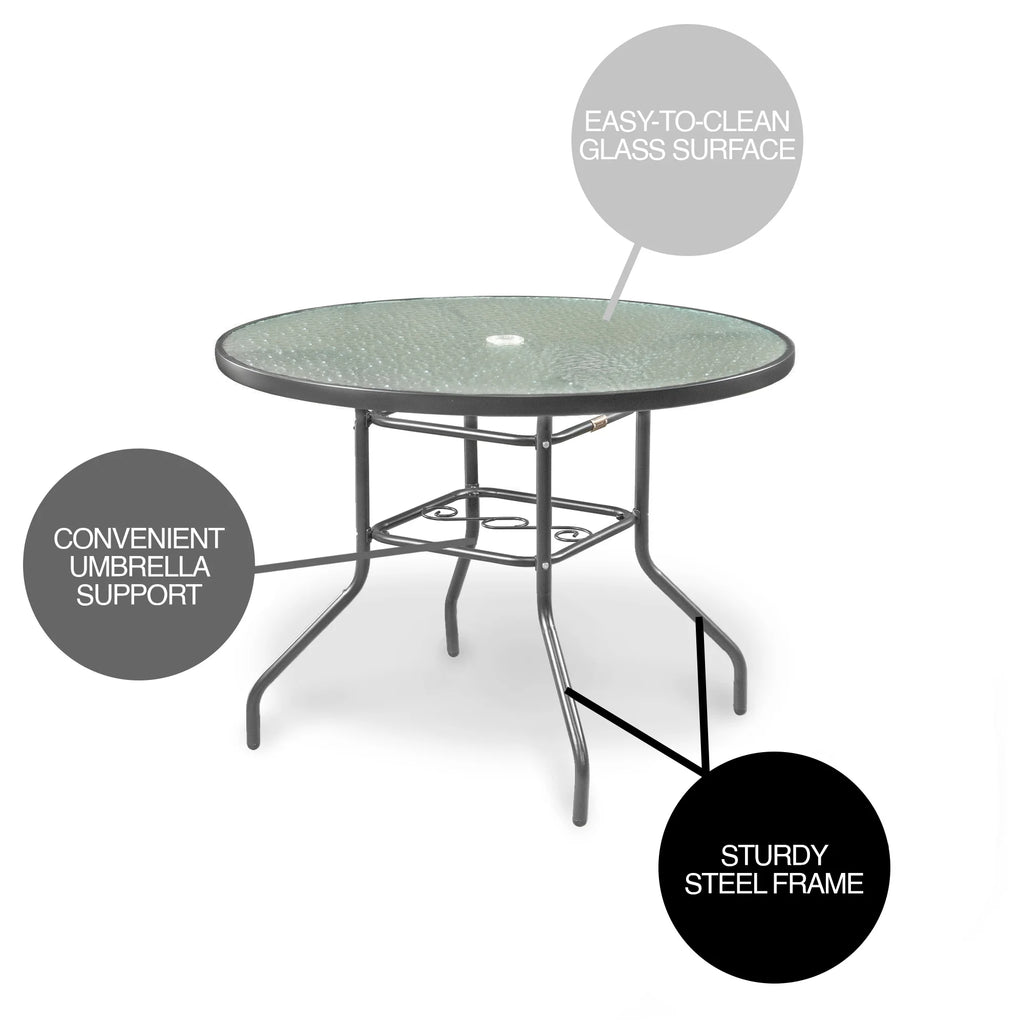 Garden Elements Mobilier de terrasse, Table à manger ronde, Piétement et bordure en acier avec plateau en verre ondulé, Gris, 40