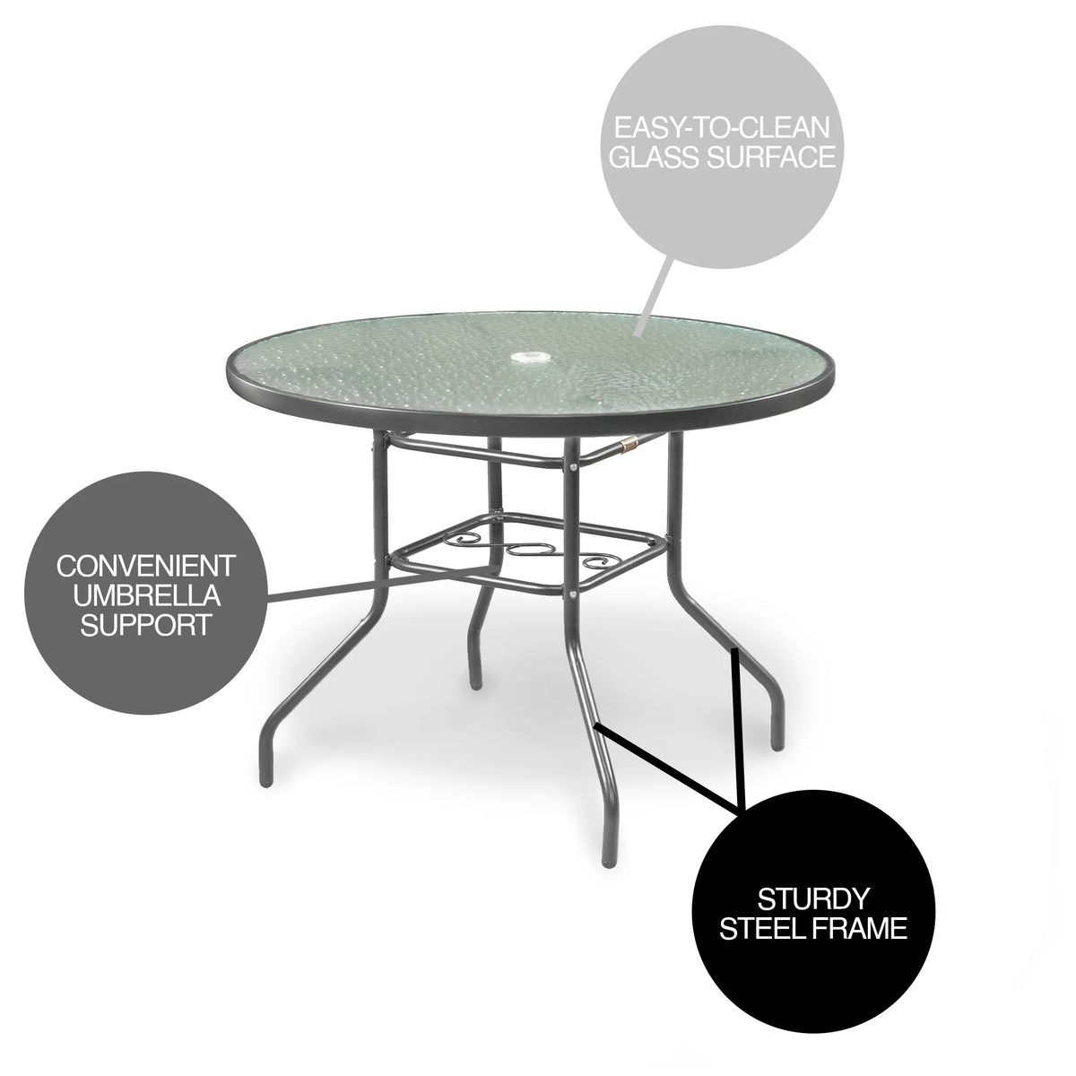 Garden Elements Mobilier de terrasse, Table à manger ronde, Piétement et bordure en acier avec plateau en verre ondulé, Gris, 40