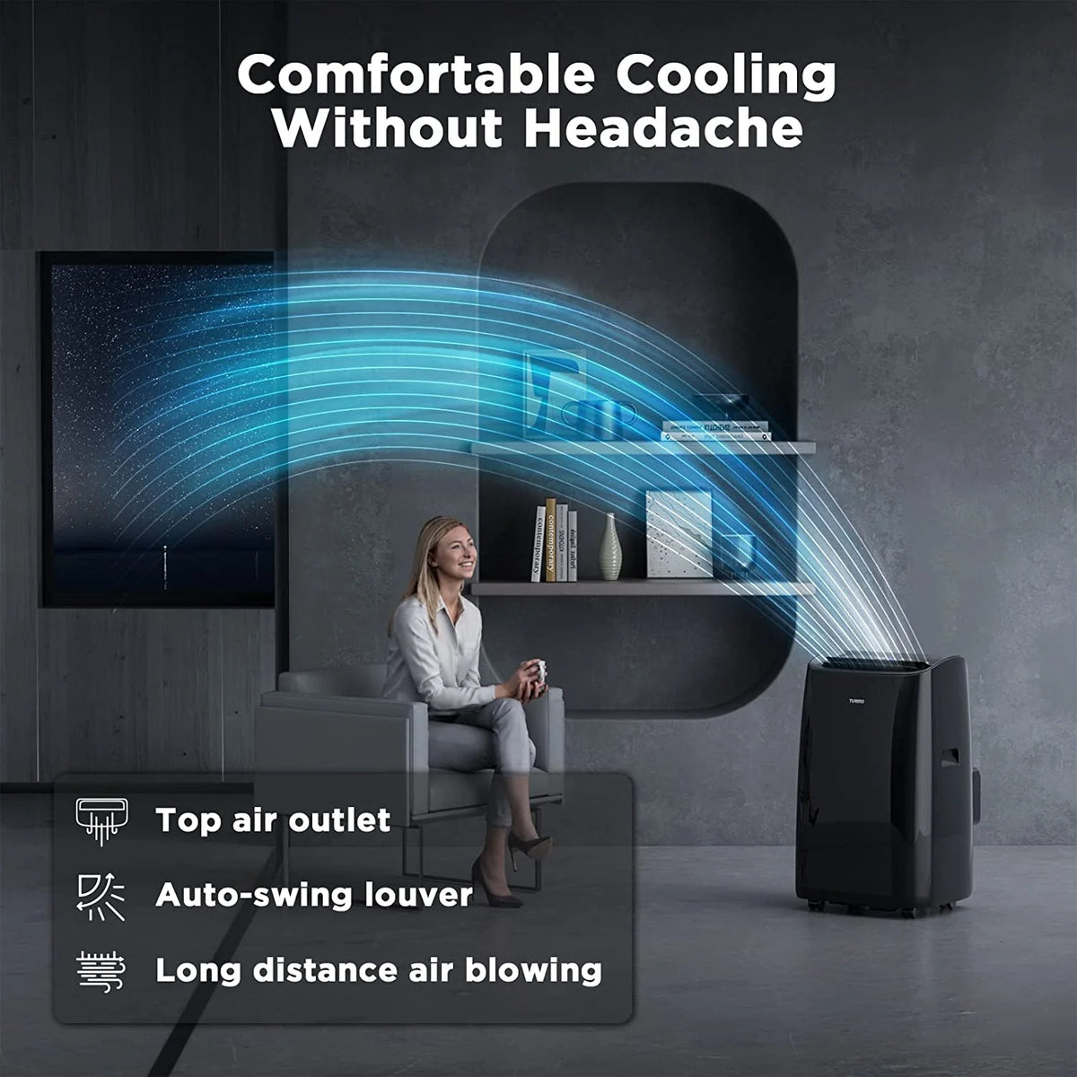 Climatiseur portable intelligent Wi-Fi TURBRO 14 000 BTU, refroidissement puissant jusqu’à 600 pi², 3 fonctions en 1 avec télécommande rétroéclairée, compatible avec la commande vocale Alexa, installation facile, série Greenland, noir
