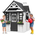 COCLUB Maison de jeu d’extérieur pour enfants de 4 à 8 ans, maison en bois avec sonnette, téléphone et jouets de cuisine, équipement de jeu extérieur pour enfants, maison pour filles (45L x 65H), blanc et noir