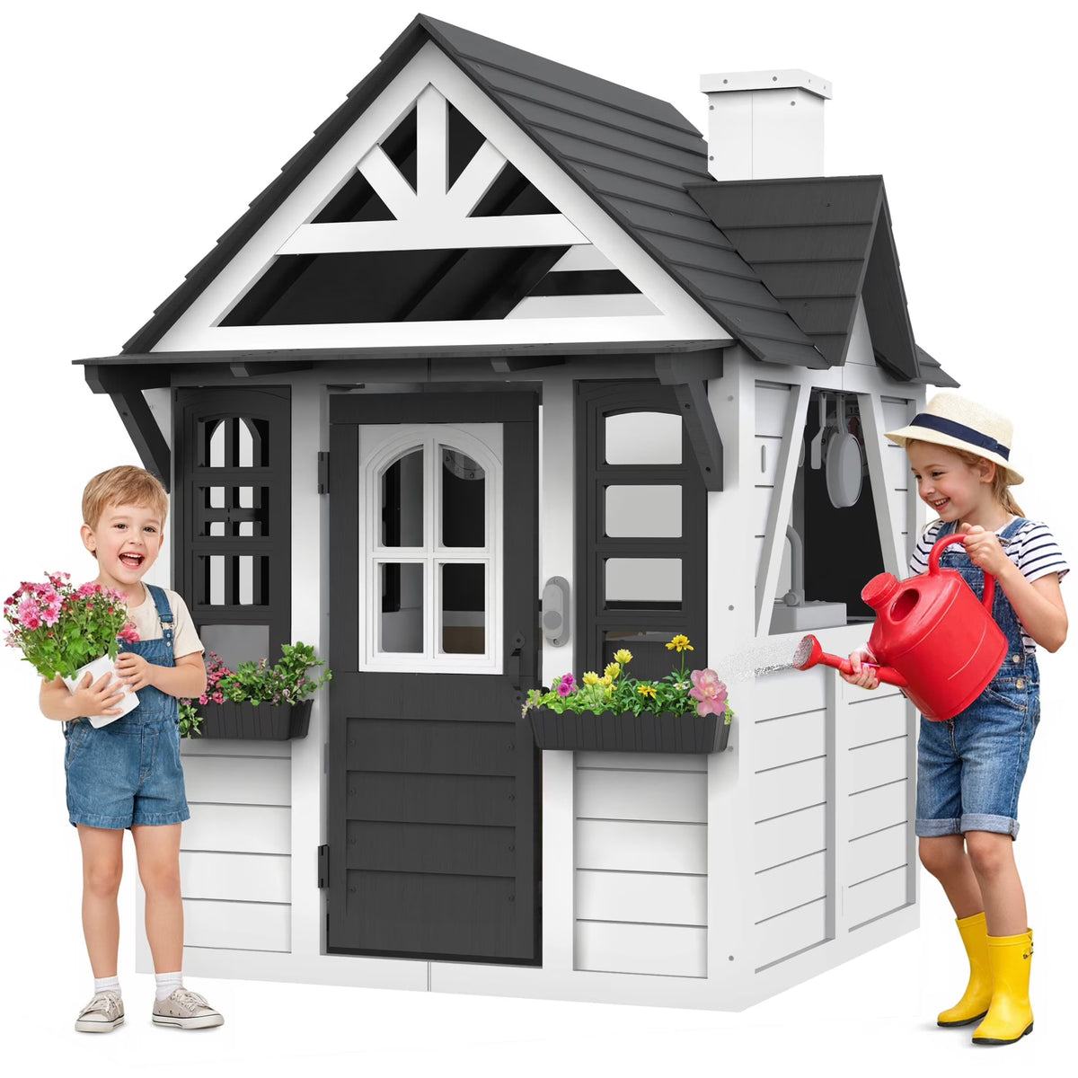 COCLUB Maison de jeu d’extérieur pour enfants de 4 à 8 ans, maison en bois avec sonnette, téléphone et jouets de cuisine, équipement de jeu extérieur pour enfants, maison pour filles (45L x 65H), blanc et noir