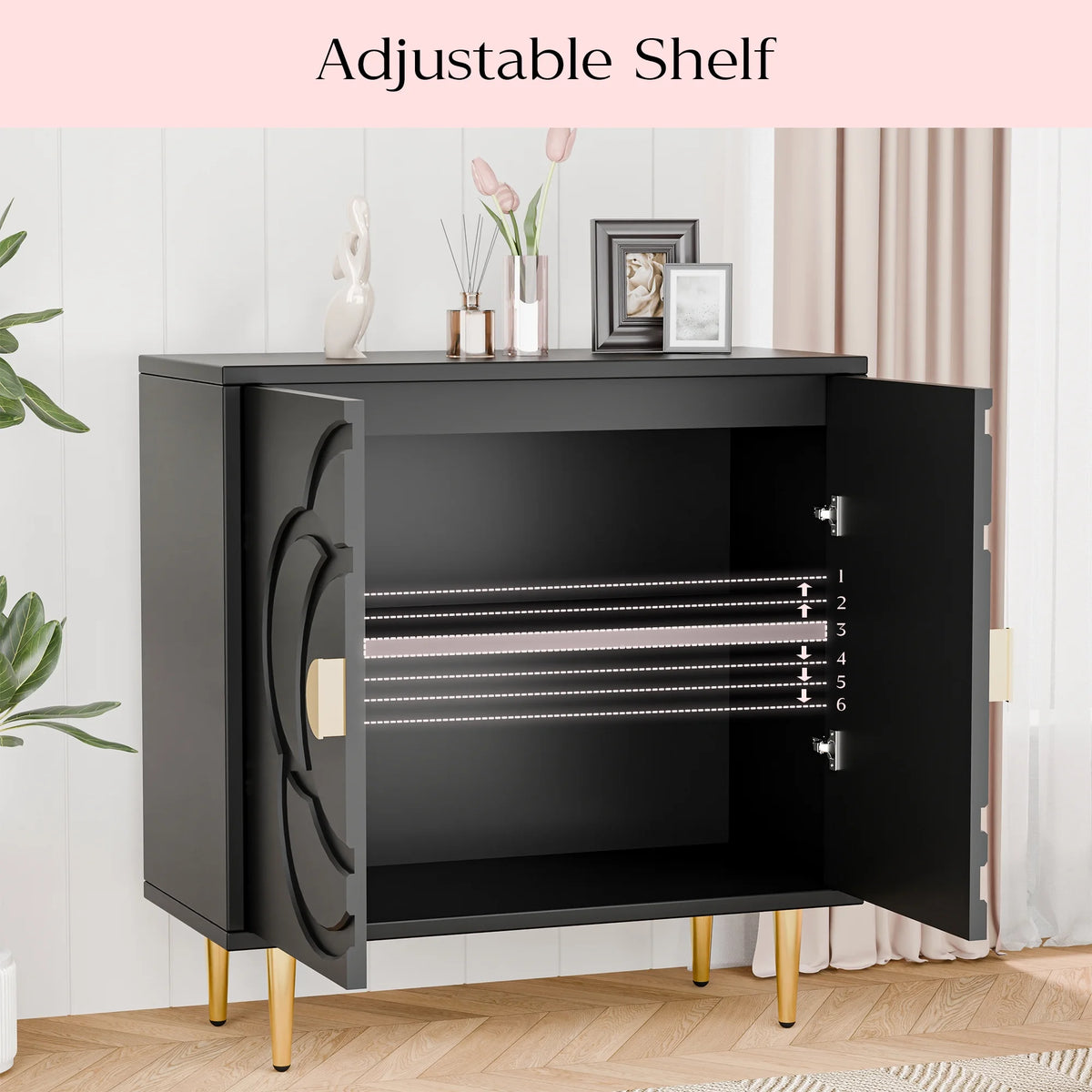 Buffet moderne Tolead avec panneau à motif floral, 6 étagères, blanc
