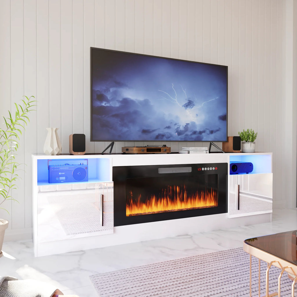 Meuble TV avec cheminée Waleaf avec cheminée électrique de 36 pouces pour téléviseurs jusqu’à 80 pouces, console multimédia moderne en bois avec meuble éclairé, blanc