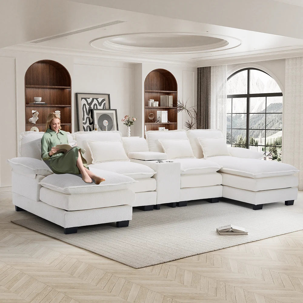 Canapé modulable en U Wiilayok Cloud Couch, méridienne double extra profonde de 124 cm en chenille duveteuse, console centrale avec ports USB-C et A doubles, gris tempête