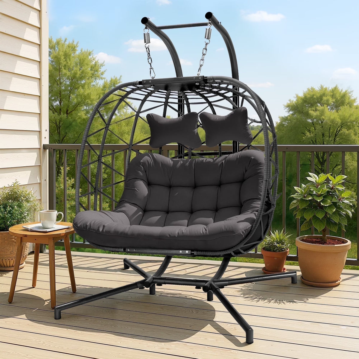 Fauteuil suspendu œuf double en osier RADIATA avec support, fauteuil œuf suspendu pour 2 personnes, intérieur/extérieur, capacité de 700 lb, coussins épais et appuie-tête, structure en métal robuste, gris foncé