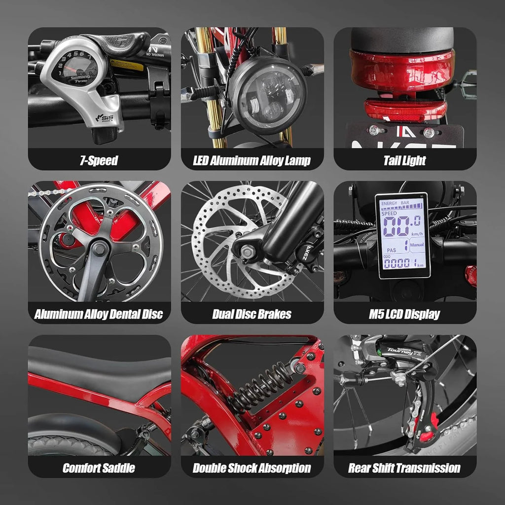 Vélo électrique AKEZ Kingkong 3000 W Peak 1500 W, moto tout-terrain électrique 31 mi/h pour adultes, VTT électrique 48 V 41 A avec double batterie amovible, pneus larges de 20 pouces, 7 vitesses, freins hydrauliques