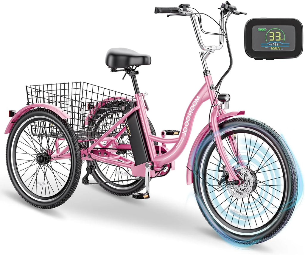 Tricycles électriques ABORON 24 26, batterie au lithium 36 V 10 Ah 350 W, triporteur électrique 7 vitesses pour adultes avec grand panier arrière et siège réglable
