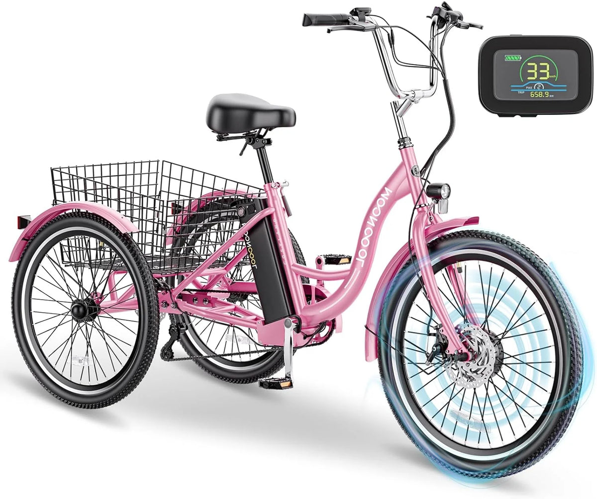 Tricycles électriques ABORON 24 26, batterie au lithium 36 V 10 Ah 350 W, triporteur électrique 7 vitesses pour adultes avec grand panier arrière et siège réglable