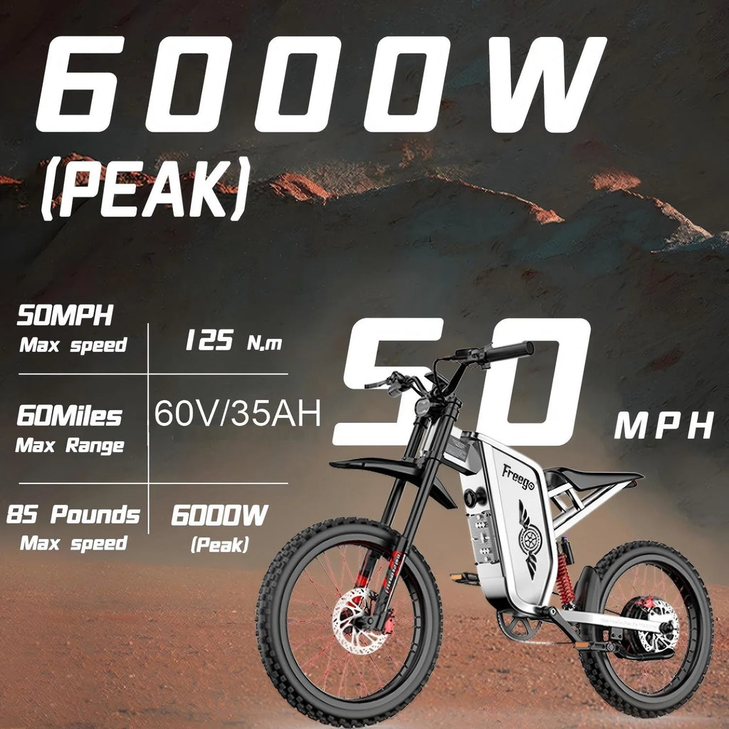Moteur 6000W(Crête) Batterie 60V/35Ah, Moto électrique Freego X2Pro pour adultes, Vélo électrique  50MPH/7 Vitesses Vélo électrique tout-terrain, Suspension intégrale 19x2/Frein hydraulique à quatre pistons UL2849MTB