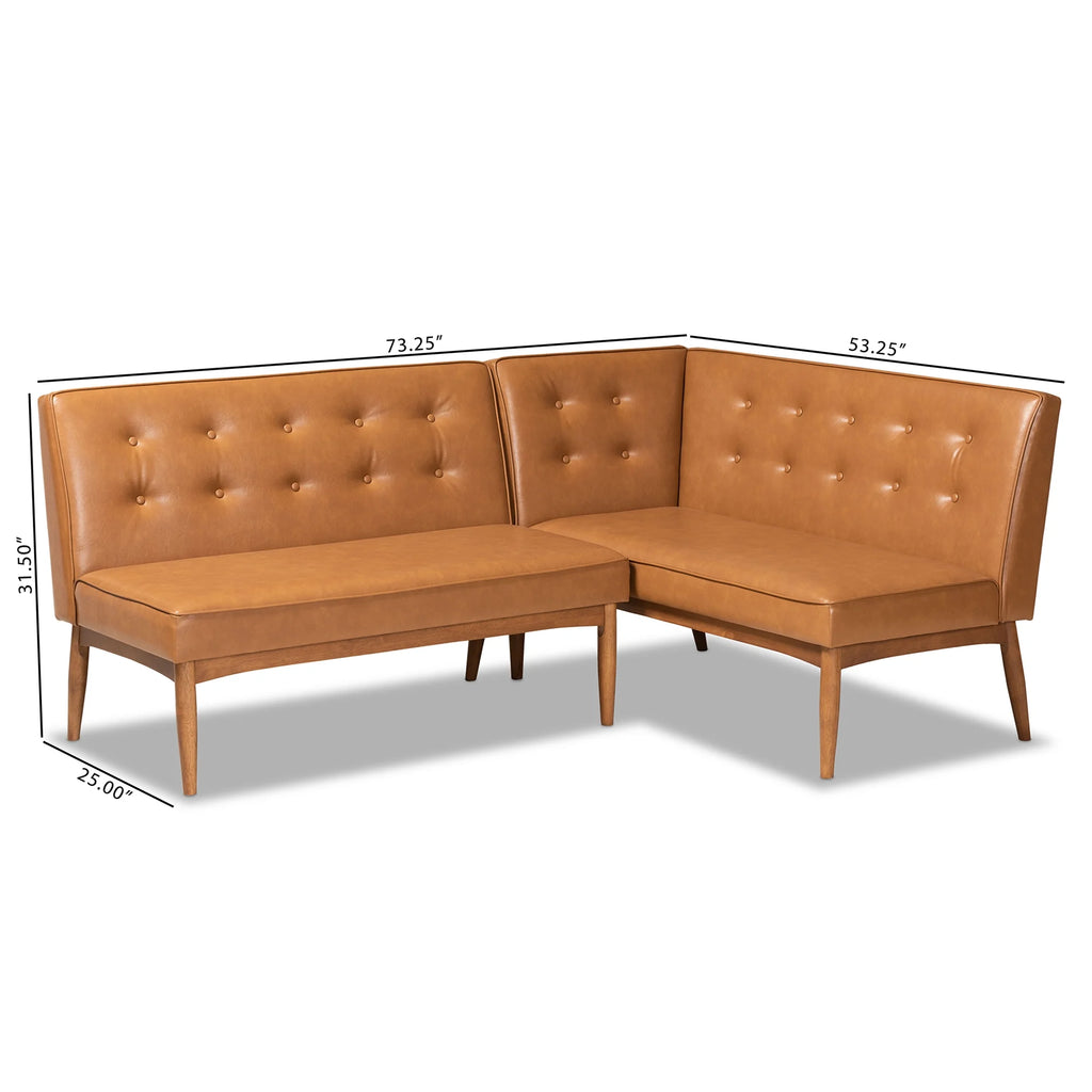 Baxton Studio Arvid Canapé d'angle de salle à manger 2 pièces avec banc, style moderne du milieu du siècle, rembourré en similicuir beige et bois avec finition brun noyer