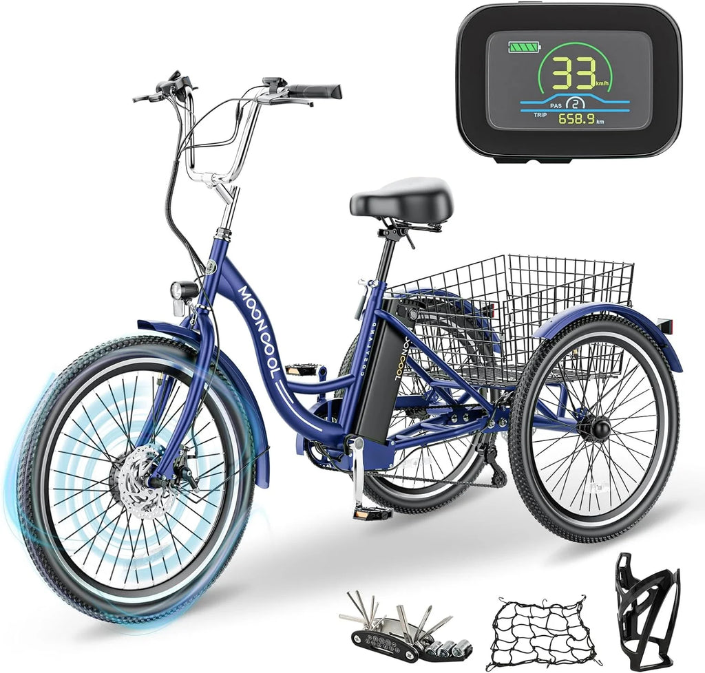 Tricycles électriques ABORON 24 26, batterie au lithium 36 V 10 Ah 350 W, triporteur électrique 7 vitesses pour adultes avec grand panier arrière et siège réglable