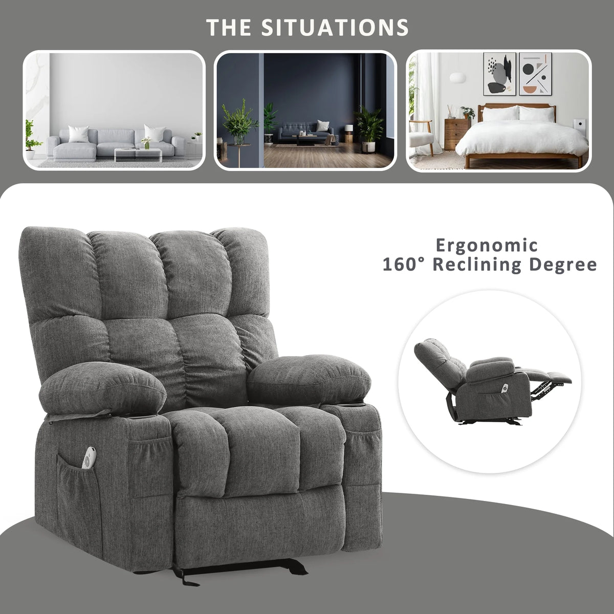 Fauteuil inclinable manuel JONPONY avec fonction de massage et de chauffage, mécanisme d’inclinaison robuste, fauteuil à bascule individuel pour personnes âgées avec porte-gobelets, pour chambre et salle de cinéma maison, gris