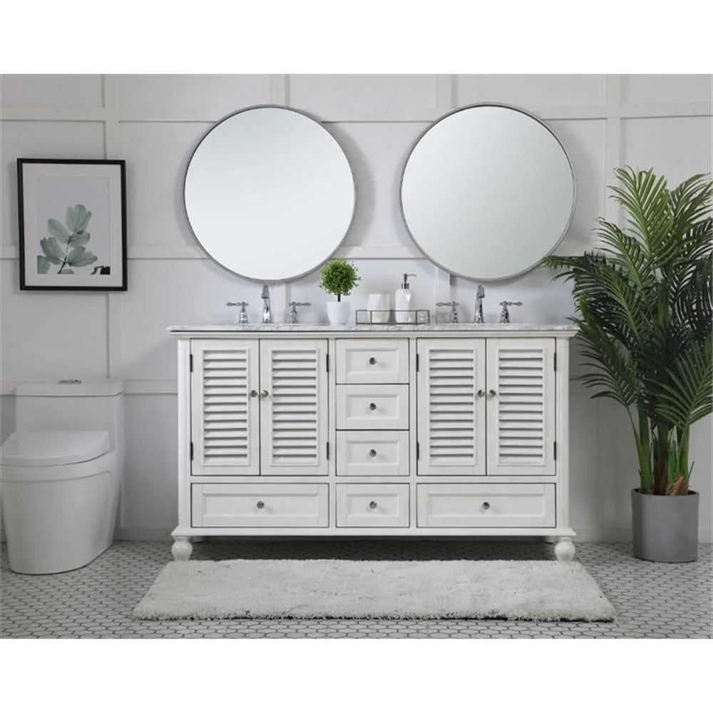 Meuble-lavabo double élégant de 60 pouces pour salle de bain, blanc antique